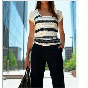 White House Black Market Black Knit Scoop Neck Shell Top Lace Trim - Size S